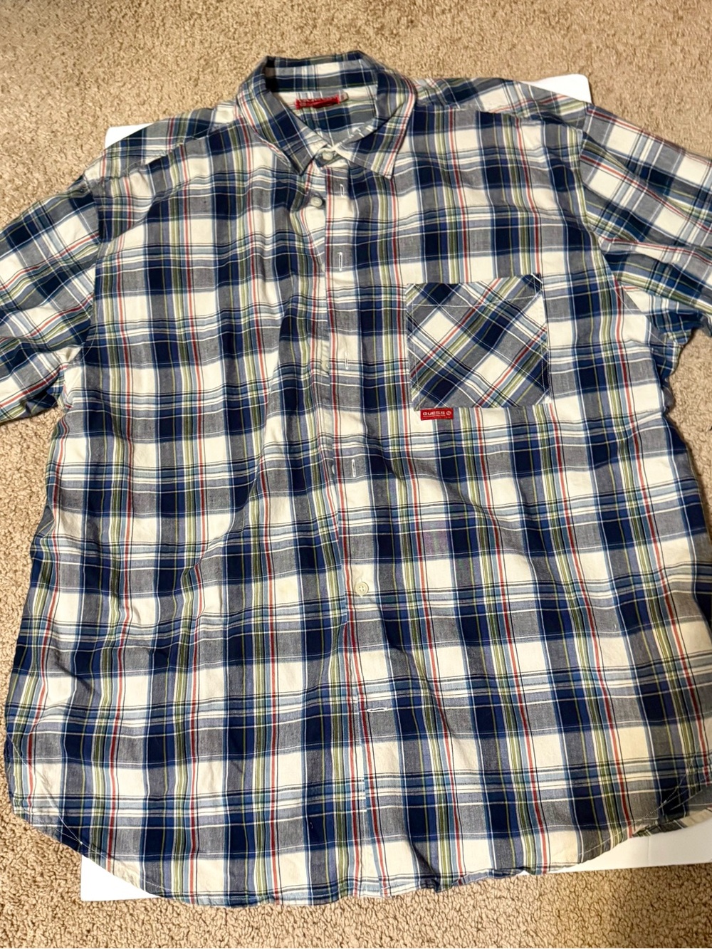 Guess Men's Blue and White Plaid Button-Down Shirt